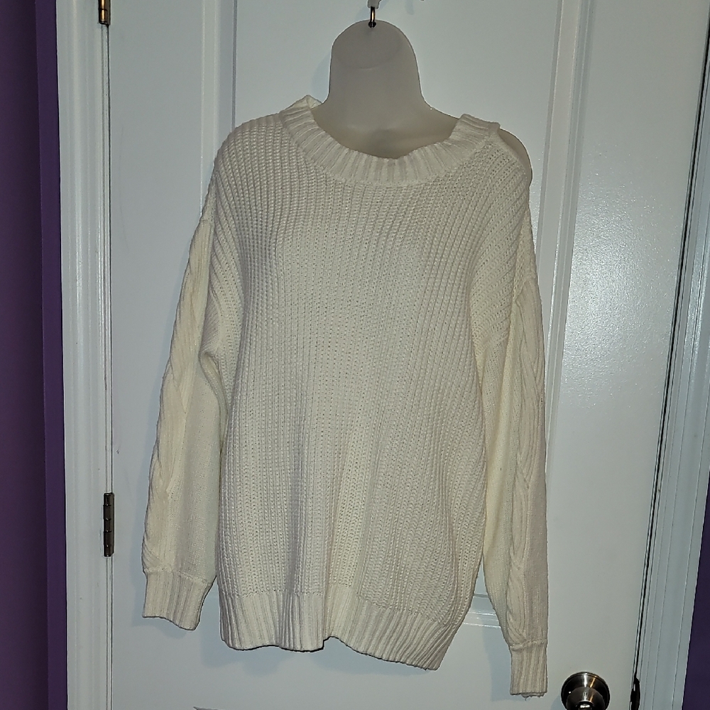 Jessica Simpson Cream Ribbed Crew Neck Sweater w/ OneCut Out Shoulder Sz: XL NWT